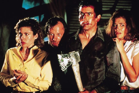 l-r Sarah Berry (Annie), Dan Hicks (Jake), Kassie Wesley (Bobby Joe) and Bruce Campbell (Ash) star in Lionsgate Home Entertainment's Evil Dead II 25th Anniversary Edition.