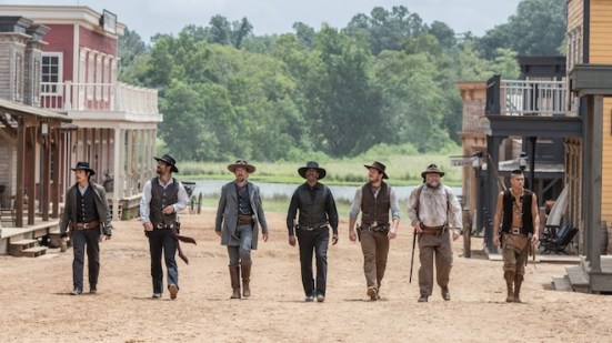 (l to r) Byung-hun Lee, Manuel Garcia-Rulfo, Ethan Hawke, Denzel Washington, Chris Pratt, Vincent D'Onofrio and Martin Sensmeier in Metro-Goldwyn-Mayer Pictures and Columbia Pictures' THE MAGNIFICENT SEVEN.